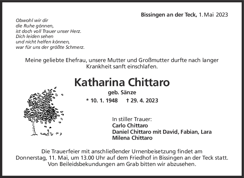 Trauer Katharina Chittaro 06/05/2023