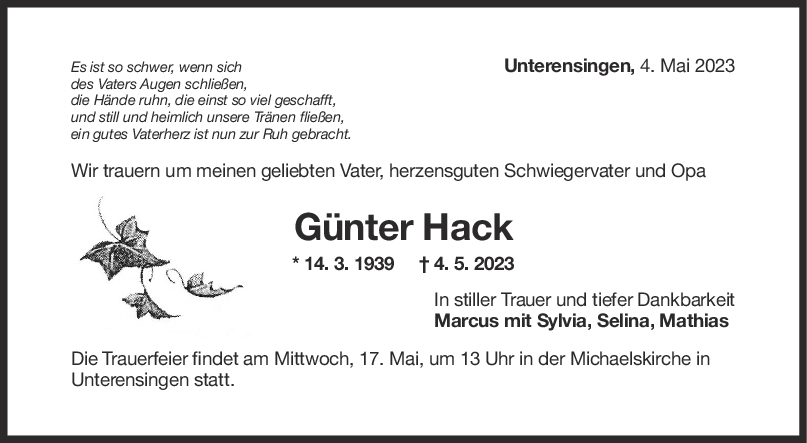 Trauer Günter Hack 13/05/2023