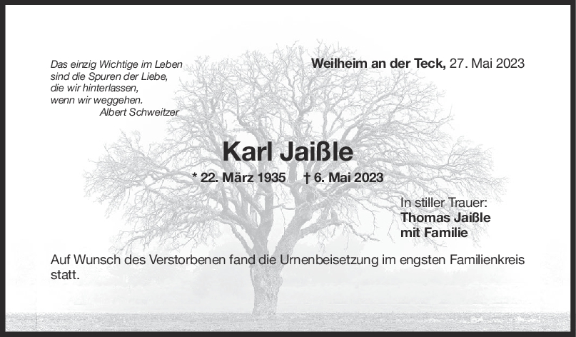 Trauer Karl Jaißle 27/05/2023