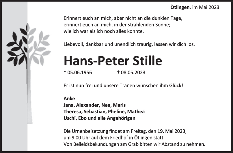 Trauer Hans-Peter Stille 12/05/2023