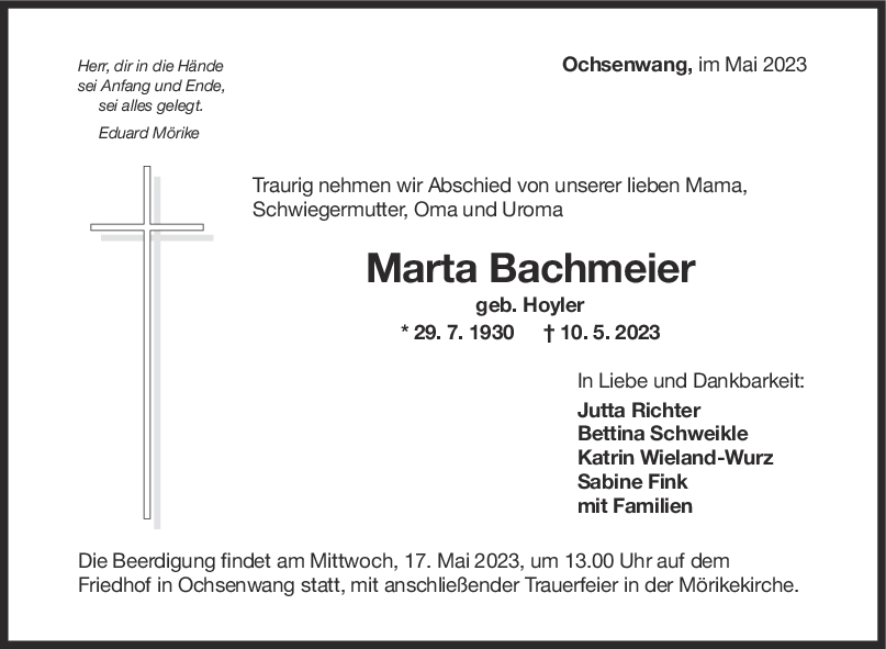 Trauer Marta Bachmeier <br><p style=