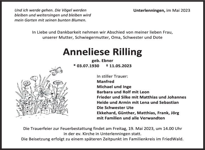 Trauer Anneliese Rilling <br><p style=
