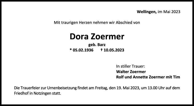 Trauer Dora Zoermer <br><p style=