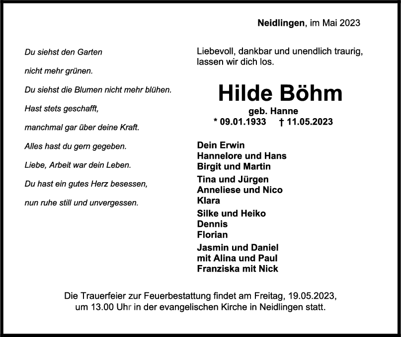 Trauer Hilde Böhm <br><p style=