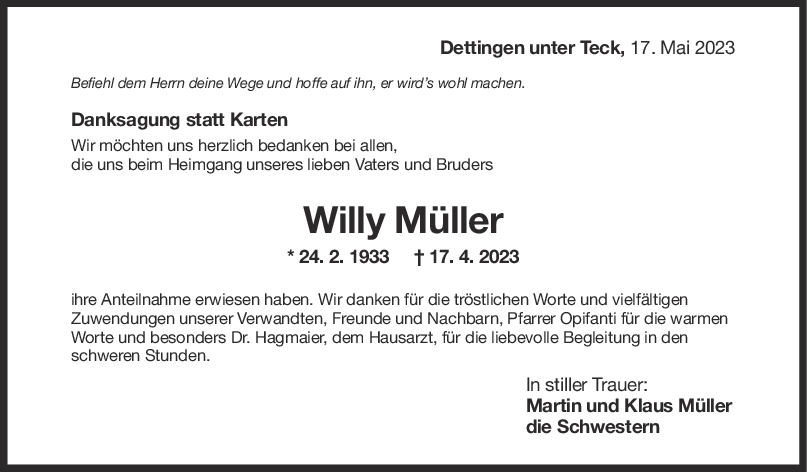 Danksagung Willy Müller 17/05/2023
