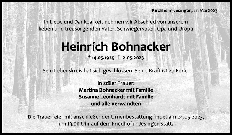 Trauer Heinrich Bohnacker 19/05/2023