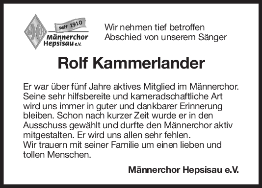 Nachruf Rolf Kammerländer <br><p style=