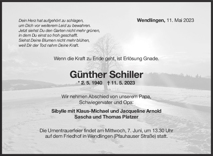Trauer Günther Schiller 27/05/2023