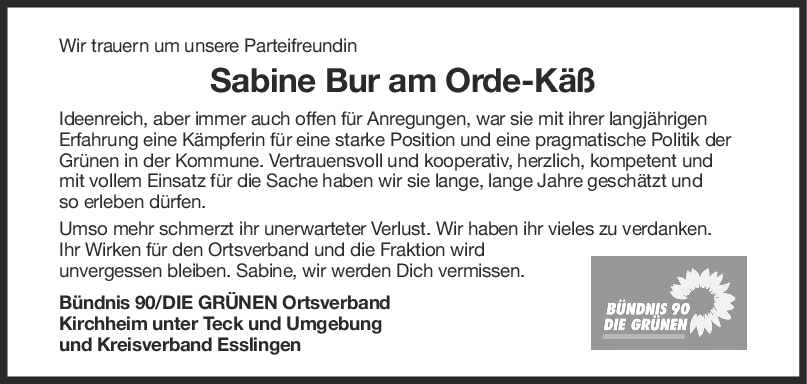 Nachruf Sabine Bur am Orde- Käß <br><p style=