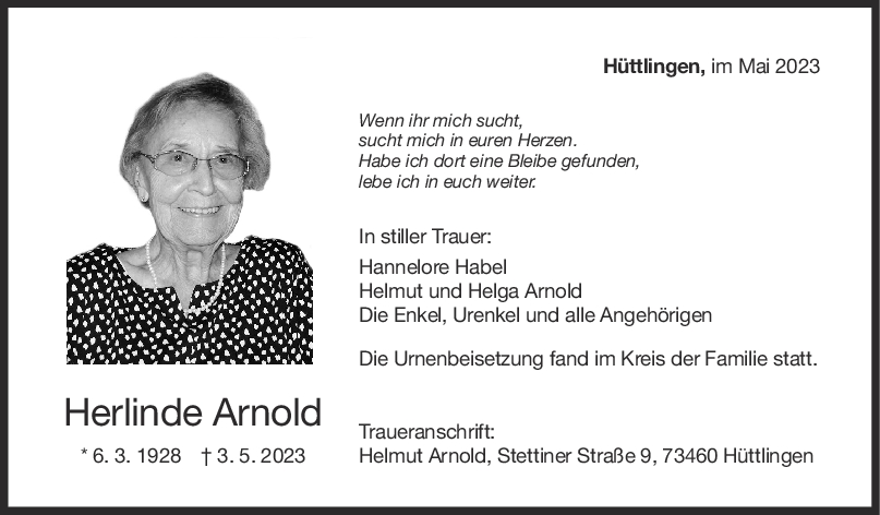 Trauer Herlinde Arnold <br><p style=