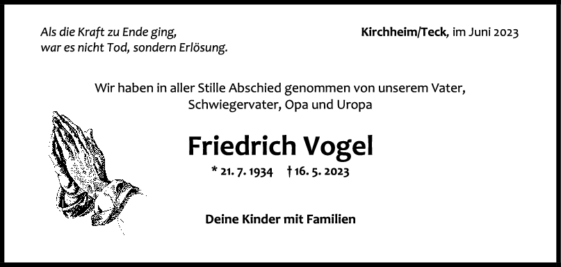 Trauer Friedrich Vogel 01/06/2023