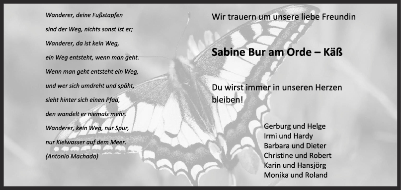 Nachruf Sabine Bur am Orde – Käß <br><p style=
