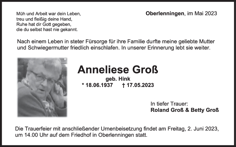 Trauer Anneliese Groß <br><p style=