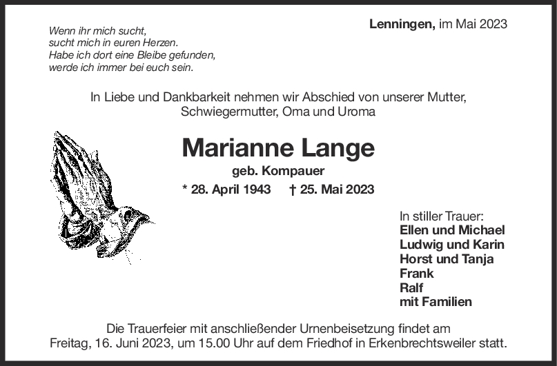 Trauer Marianne Lange <br><p style=