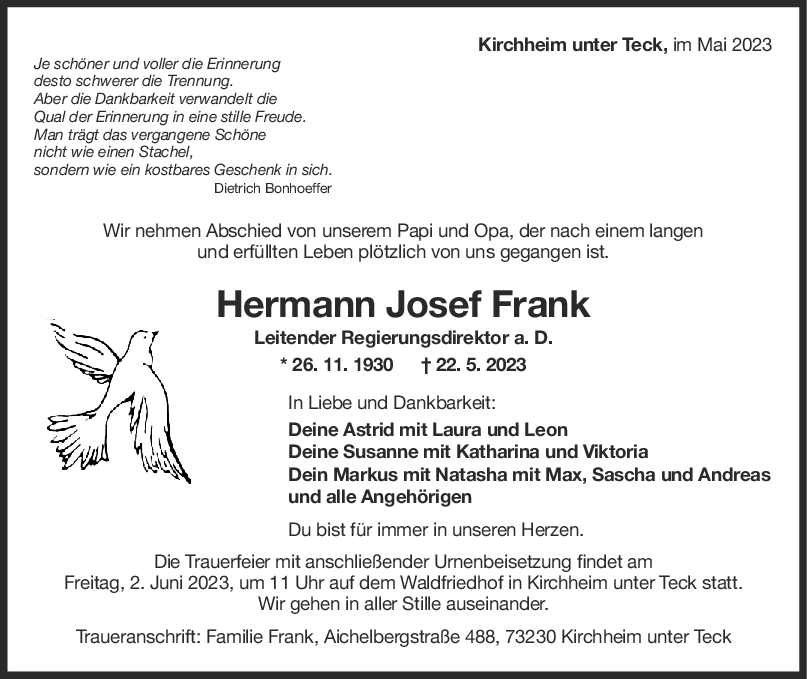 Trauer Hermann Josef Frank 31/05/2023