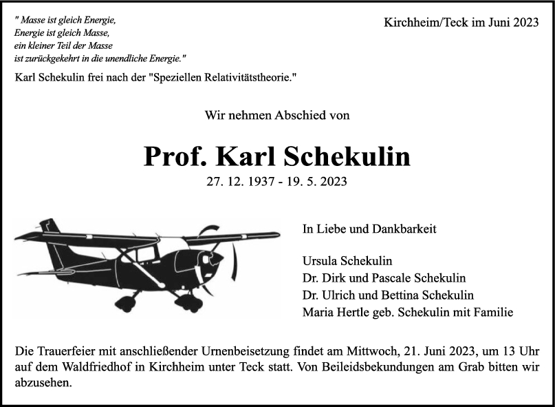 Trauer Prof. Karl Schekulin <br><p style=