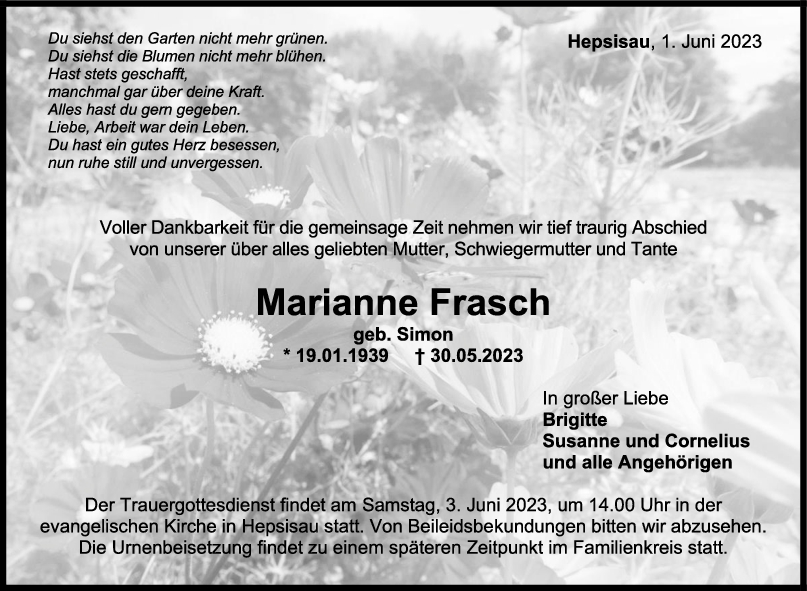 Trauer Marianne Frasch 01/06/2023