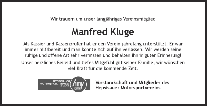 Nachruf Manfred Kluge <br><p style=