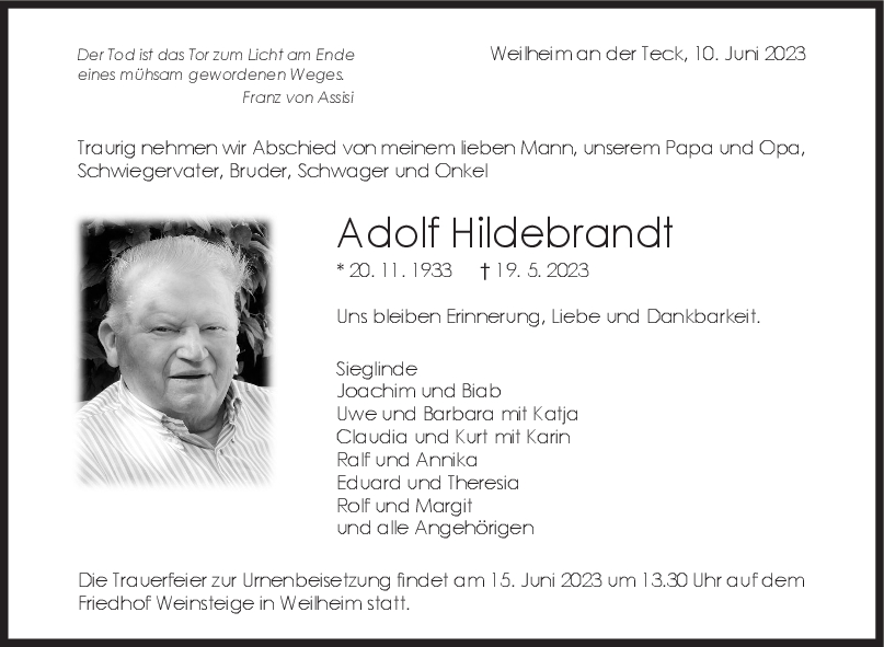 Trauer Adolf Hildebrandt <br><p style=