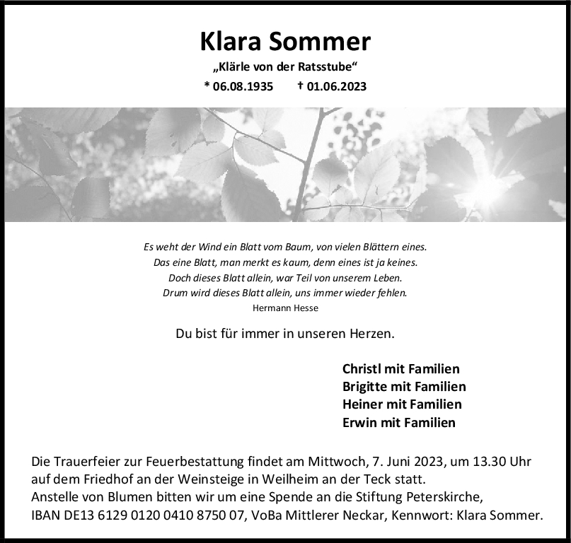 Trauer Klara Sommer <br><p style=