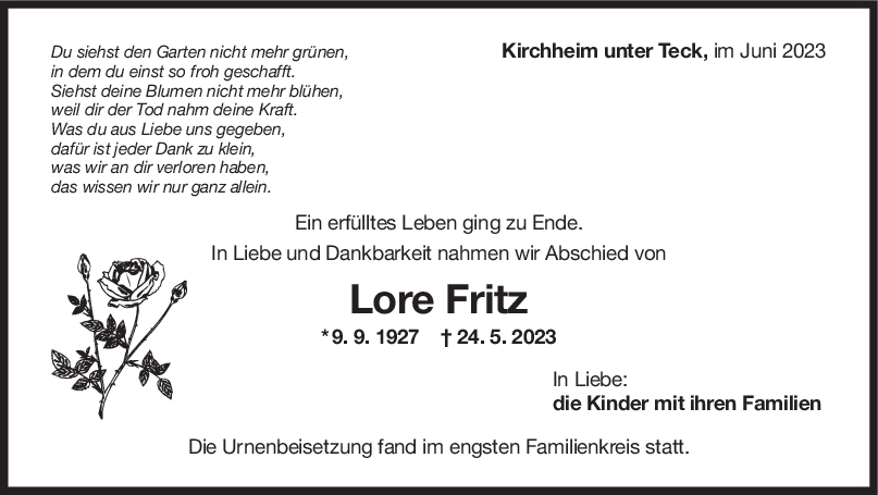 Trauer Lore Fritz 10/06/2023