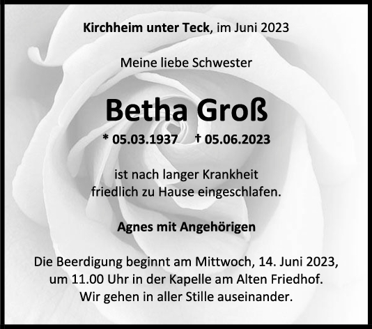 Trauer Betha Groß 10/06/2023