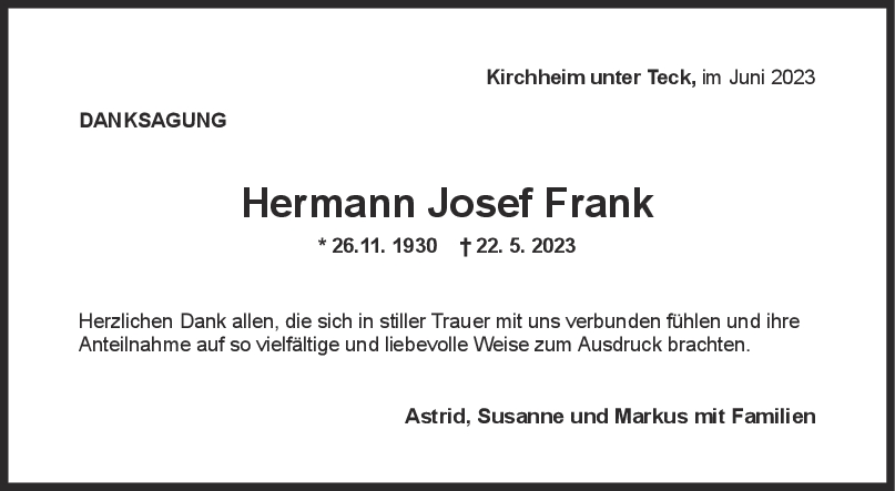 Danksagung Hermann Josef Frank <br><p style=