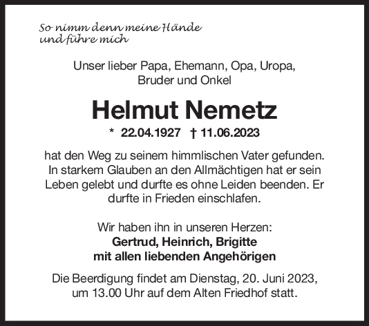 Trauer Helmut Nemetz <br><p style=
