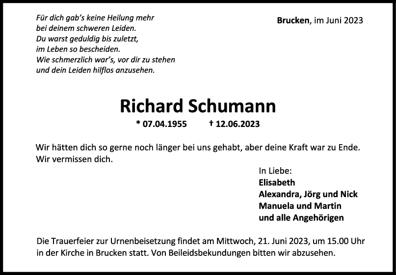 Trauer Richard Schumann <br><p style=