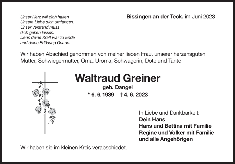 Trauer Waltraud Greiner <br><p style=