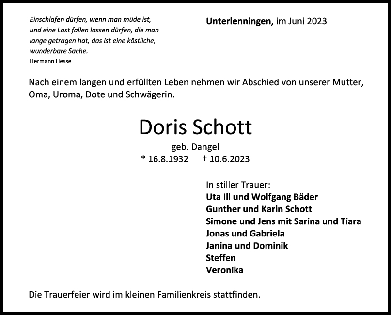 Trauer Doris Schott <br><p style=