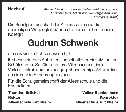 Nachruf Gudrun Schwenk <br><p style=