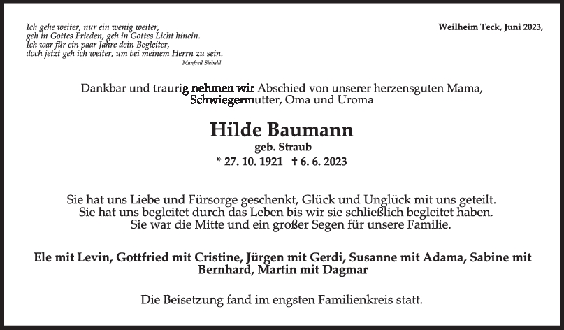 Trauer Hilde Baumann <br><p style=