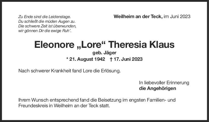 Trauer Eleonore Klaus 01/07/2023