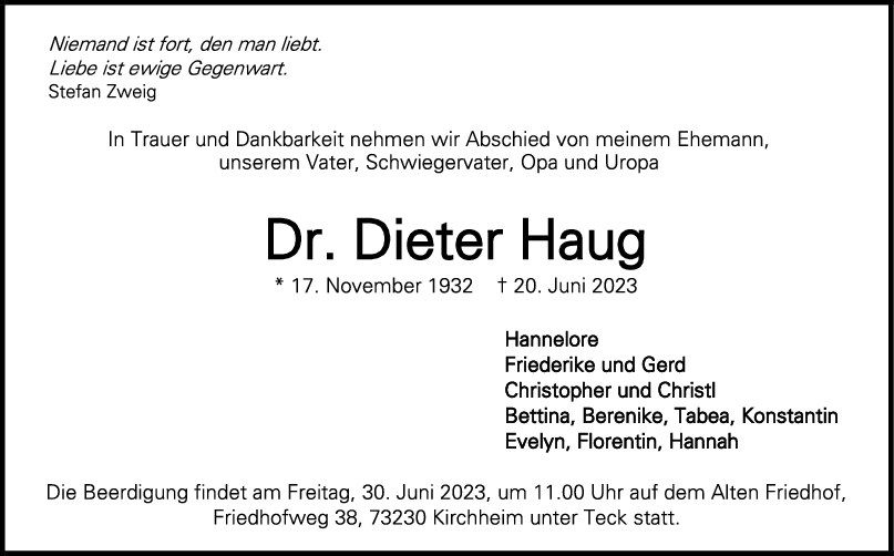 Trauer Dr. Dieter Haug <br><p style=
