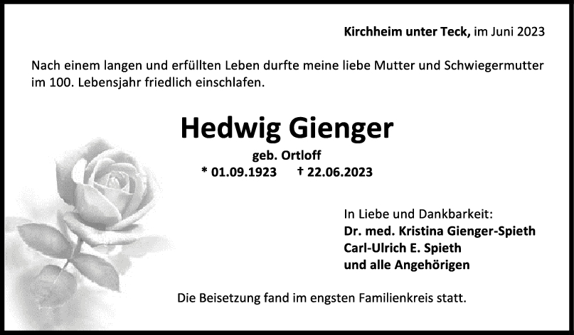 Trauer Hedwig Gienger 08/07/2023