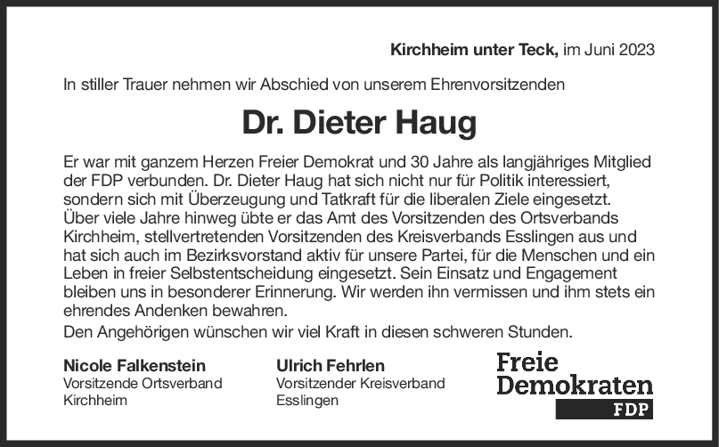 Nachruf Dr. Dieter Haug <br><p style=