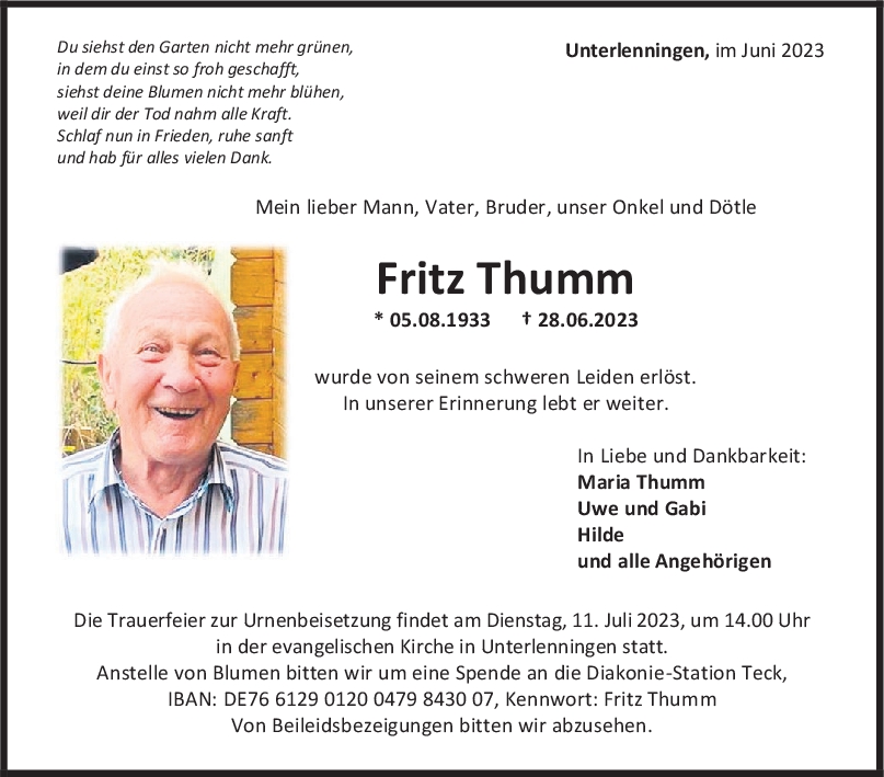 Trauer Fritz Thumm 07/07/2023
