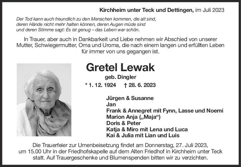 Trauer Gretel Lewak <br><p style=