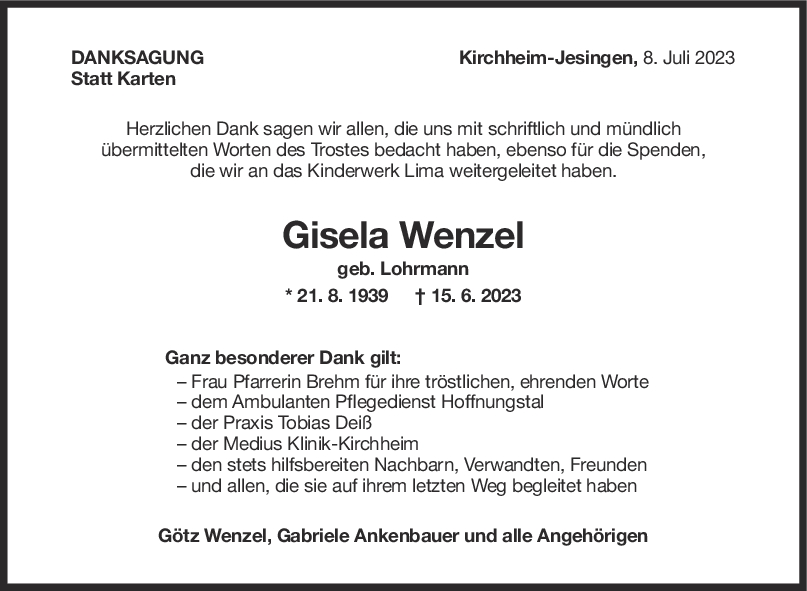Danksagung Gisela Wenzel <br><p style=