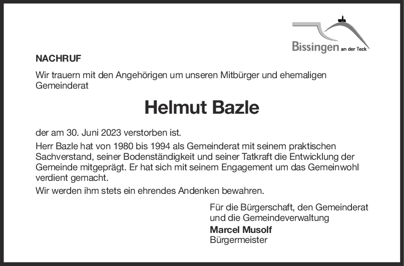 Nachruf Helmut Bazle <br><p style=