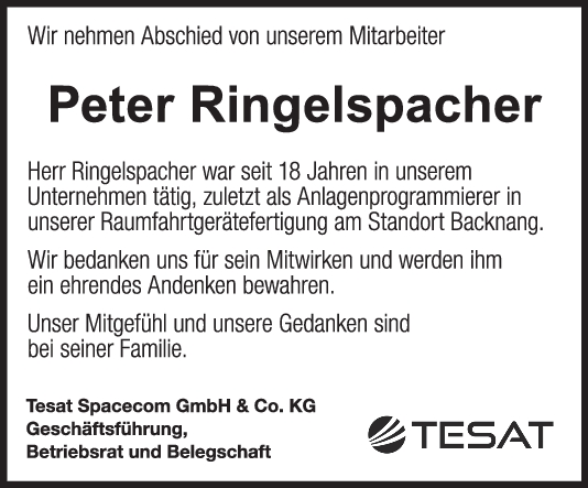Trauer Peter Ringelspacher <br><p style=