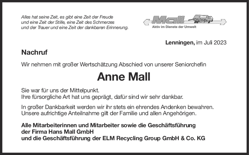 Nachruf Frau Anne Mall <br><p style=