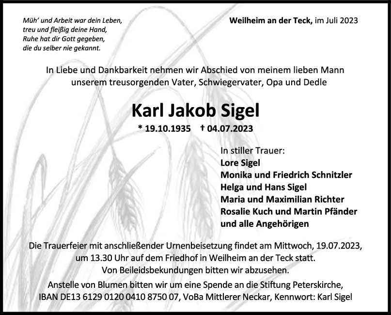 Trauer Karl Sigel 15/07/2023