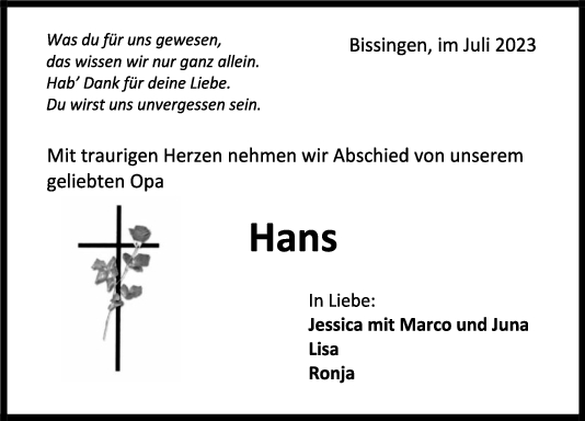 Trauer Hans 14/07/2023