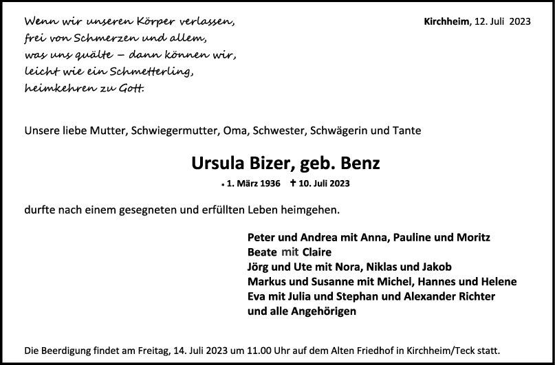 Trauer Ursula Bizer 12/07/2023