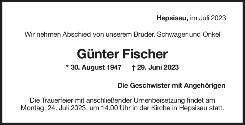 Trauer Günter Fischer 19/07/2023