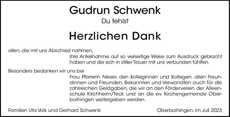 Danksagung Gudrun Schwenk <br><p style=