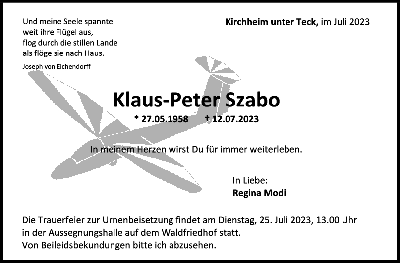 Trauer Klaus-Peter Szabo 22/07/2023