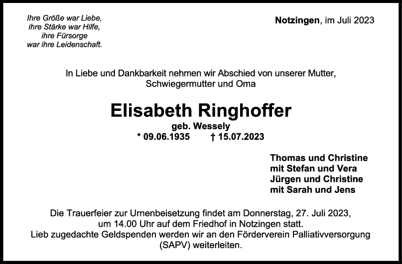 Trauer Elisabeth Ringhoffer 22/07/2023